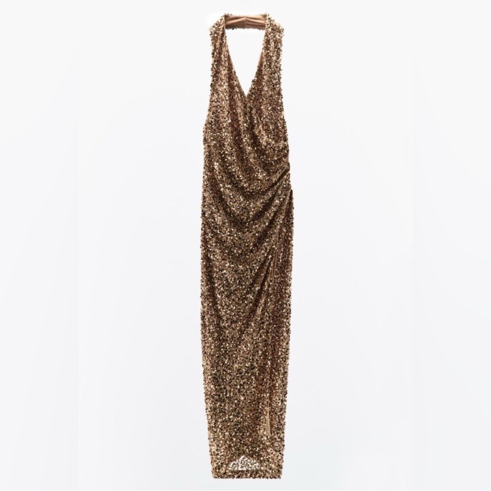 NWT Zara Bronze / Rose Gold Sequin Beaded Halter Midi Dress Size M